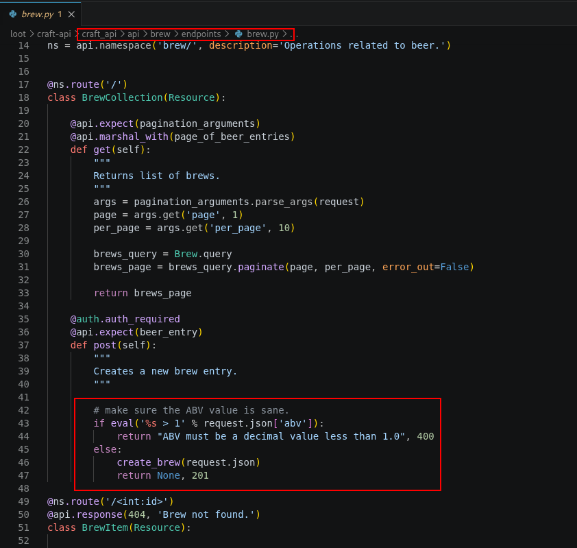 eval() on abv in brew.py