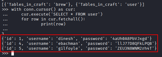 user table dump