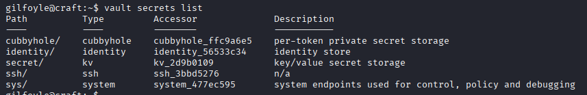 vault secrets list shows ssh/