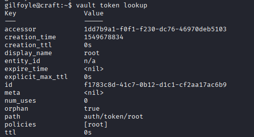 vault token lookup shows ROOT policy