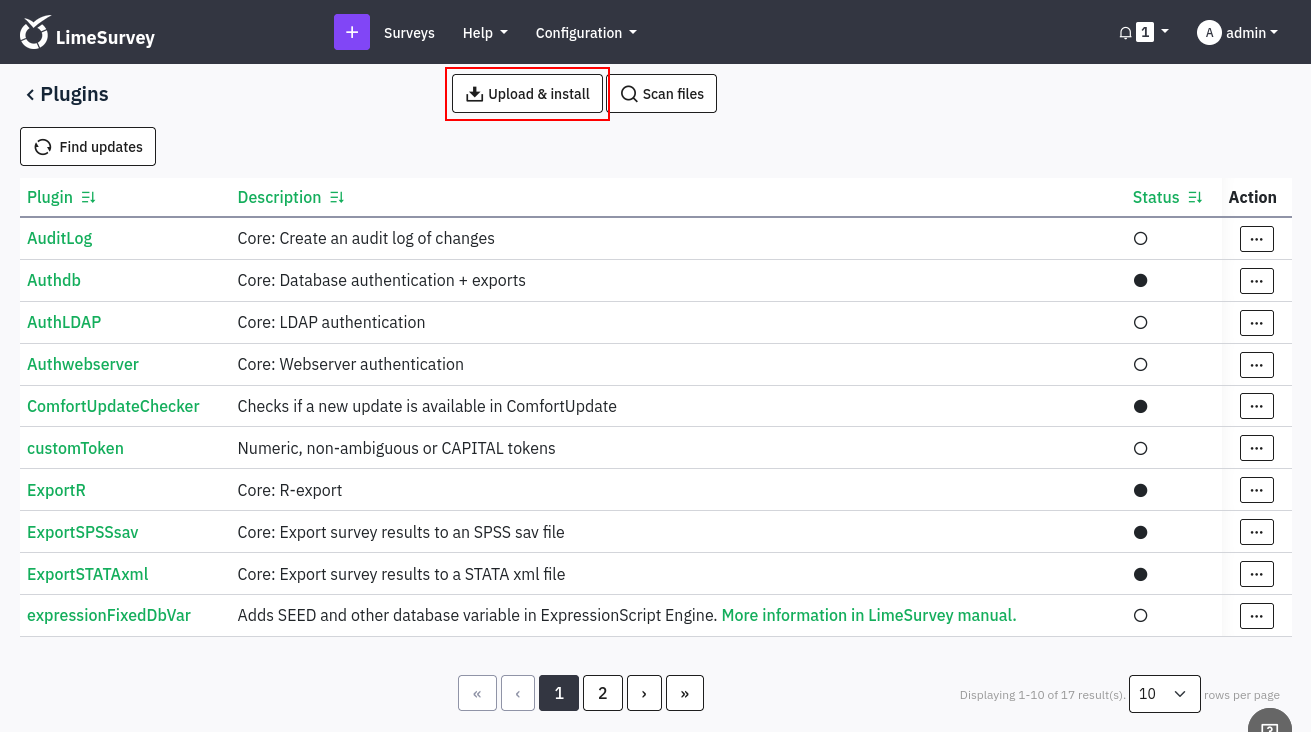 limesurvey plugin manager
