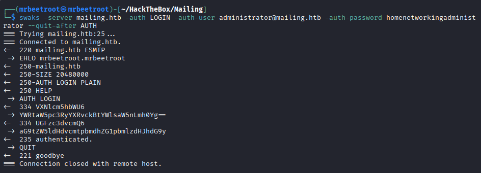swaks SMTP authentication