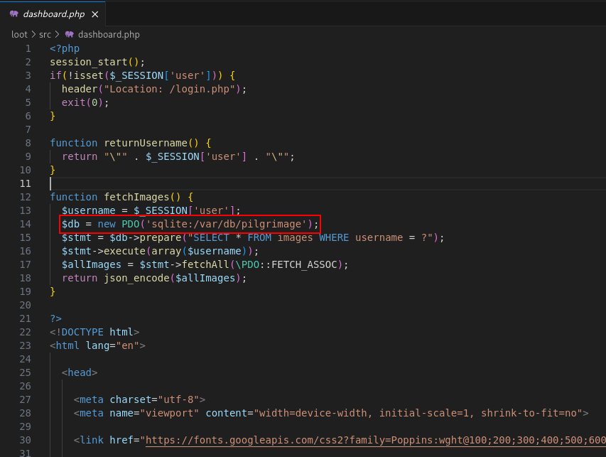 dashboard.php reveals the SQLite database path