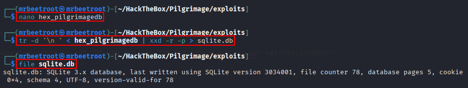 reassembling the SQLite database with tr and xxd