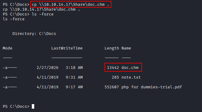 transferring doc.chm to C:\\Docs