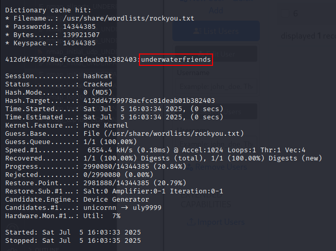 hashcat cracks the MD5 hash