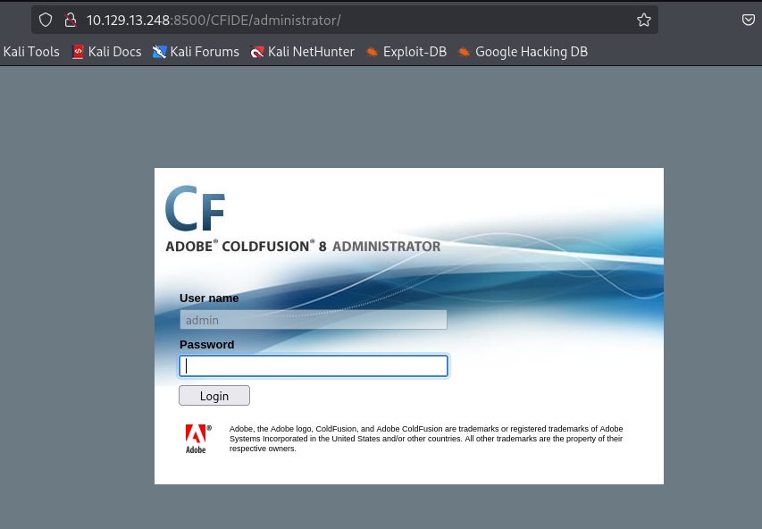 coldfusion administrator login