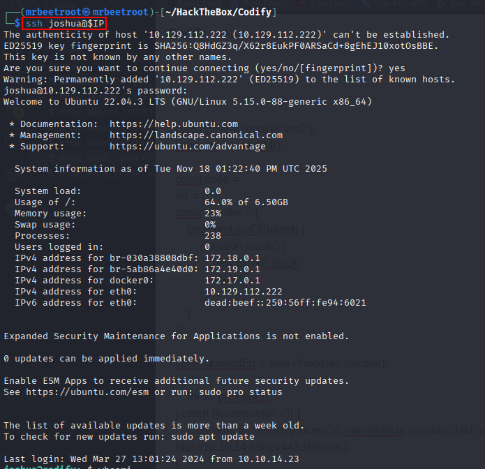 ssh login as joshua