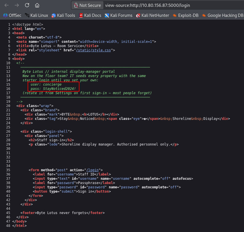 credentials in page source